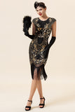 Black and Golden Cap Sleeves Sequined Fringes 1920s Gatsby Flapper Dress with 20s Accessories Set