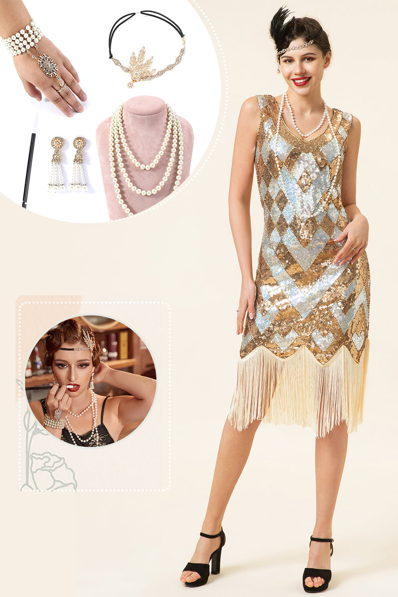 Load image into Gallery viewer, Golden and Silver Sequined Fringes 1920s Gatsby Flapper Dress with 20s Accessories Set