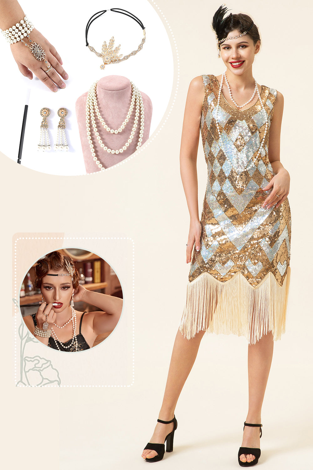 Golden and Silver Sequined Fringes 1920s Gatsby Flapper Dress with 20s Accessories Set