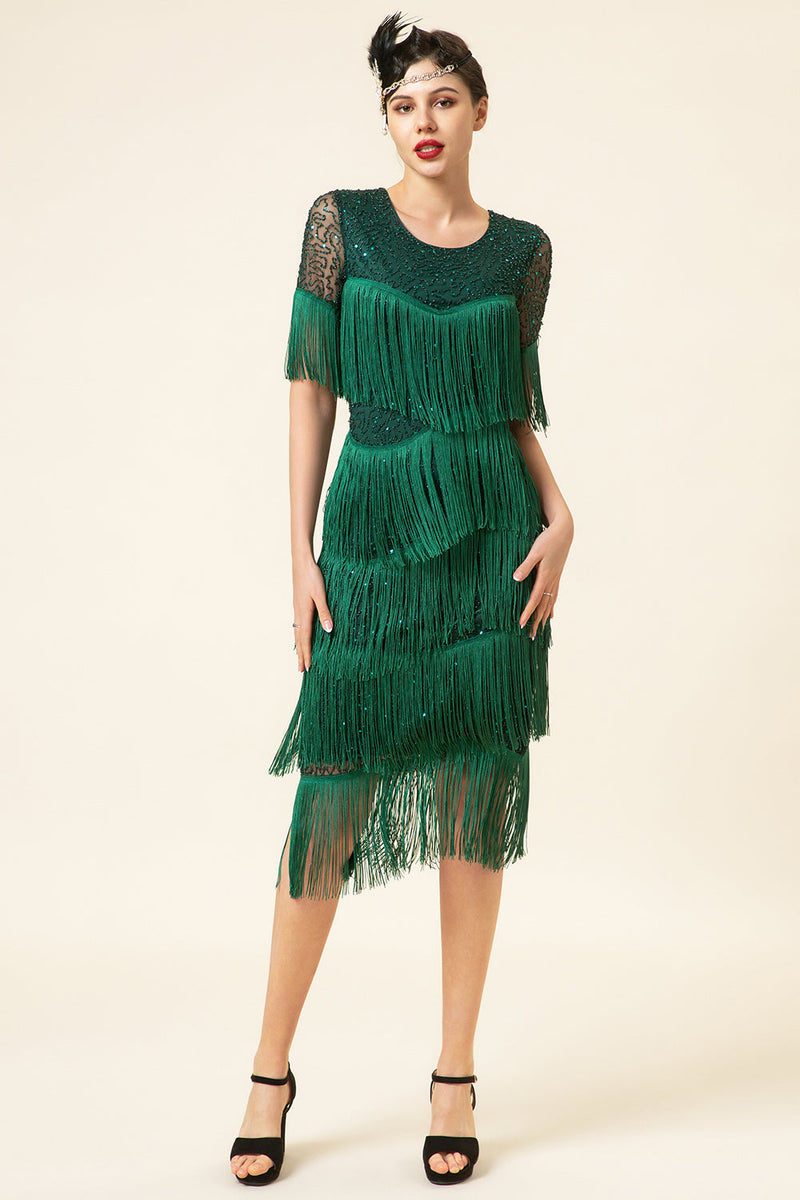 Load image into Gallery viewer, Dark Green Short Sleeves Sequined Fringes 1920s Gatsby Flapper Dress with 20s Accessories Set