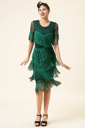 Dark Green Short Sleeves Sequined Fringes 1920s Gatsby Flapper Dress with 20s Accessories Set