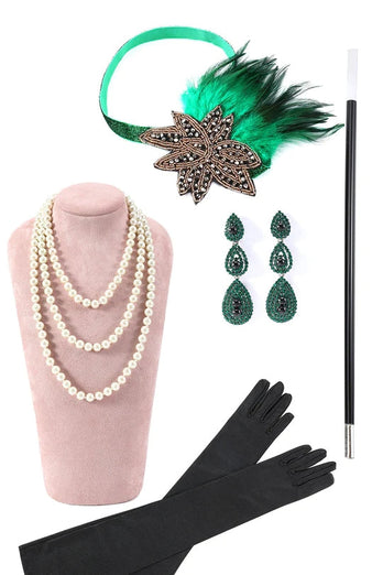 Dark Green Short Sleeves Sequined Fringes 1920s Gatsby Flapper Dress with 20s Accessories Set