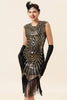 Load image into Gallery viewer, Black and Golden Cap Sleeves Sequined Fringes 1920s Gatsby Flapper Party Dress with 20s Accessories Set