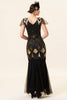 Load image into Gallery viewer, Black and Golden Cap Sleeves Sequined Long 1920s Gatsby Flapper Dress with 20s Accessories Set