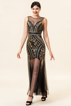 Black and Golden Illusion Neck Sequined Long 1920s Gatsby Flapper Dress with 20s Accessories Set