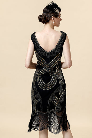 Black Sequined 1920s Gatsby Flapper Party Dress with 20s Accessories Set