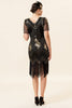 Load image into Gallery viewer, Black and Golden Short Sleeves Sequined Fringes 1920s Gatsby Flapper Dress with 20s Accessories Set