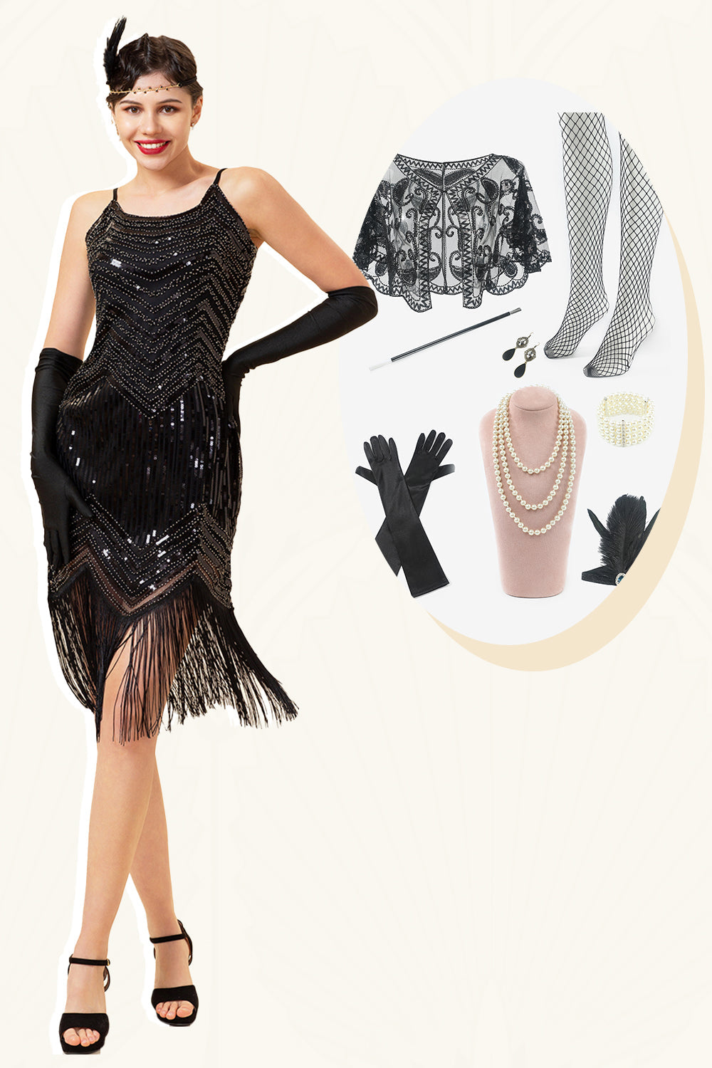 Spaghetti Straps Sequin Fringes Flapper Dress with 1920s Accessories Set