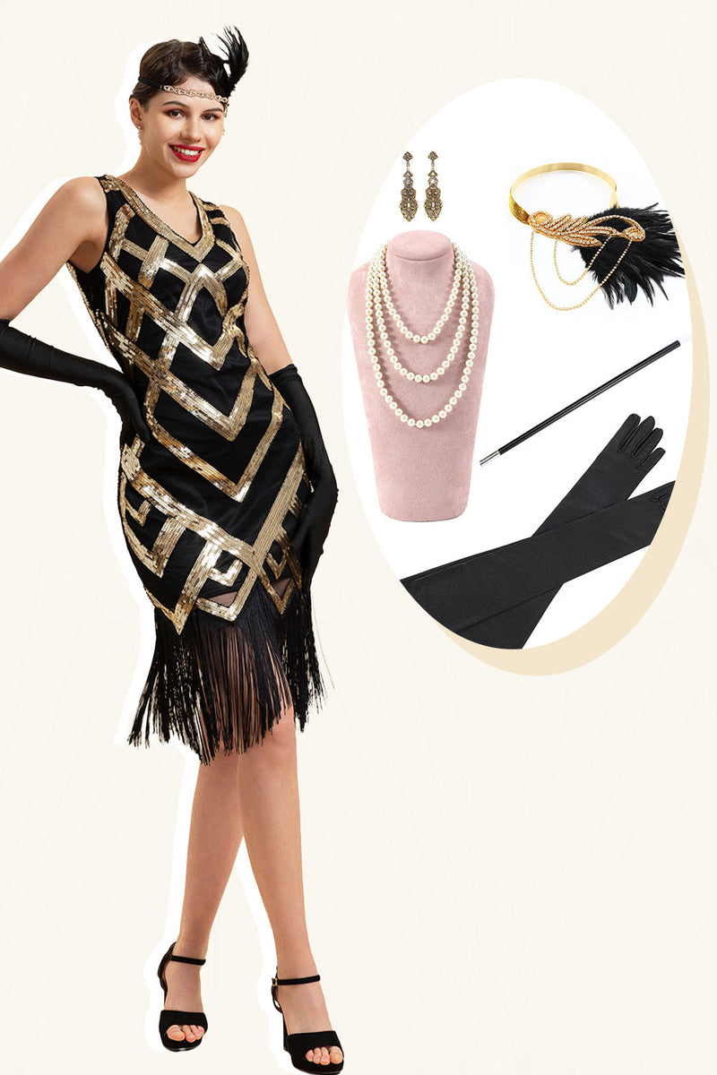 Load image into Gallery viewer, Golden Sleeveless Fringes Flapper Dress with 1920s Accessories Set