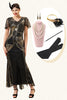 Load image into Gallery viewer, Sequins Golden Long Flapper Dress with 20s Accessories Set