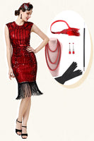Load image into Gallery viewer, Burugndy Sequins Fringed Flapper Dress with 1920s Accessories Set