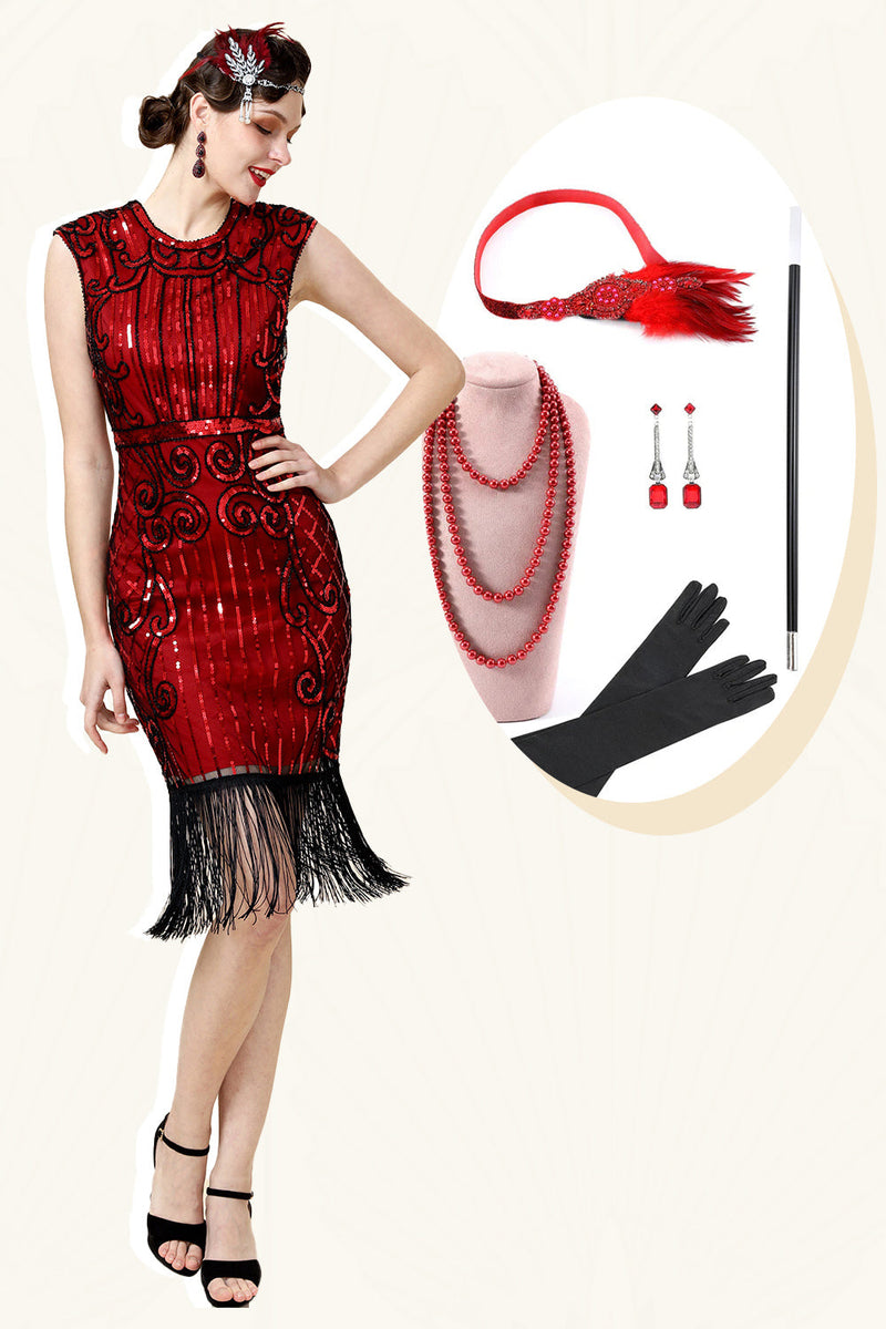 Load image into Gallery viewer, Burugndy Sequins Fringed Flapper Dress with 1920s Accessories Set