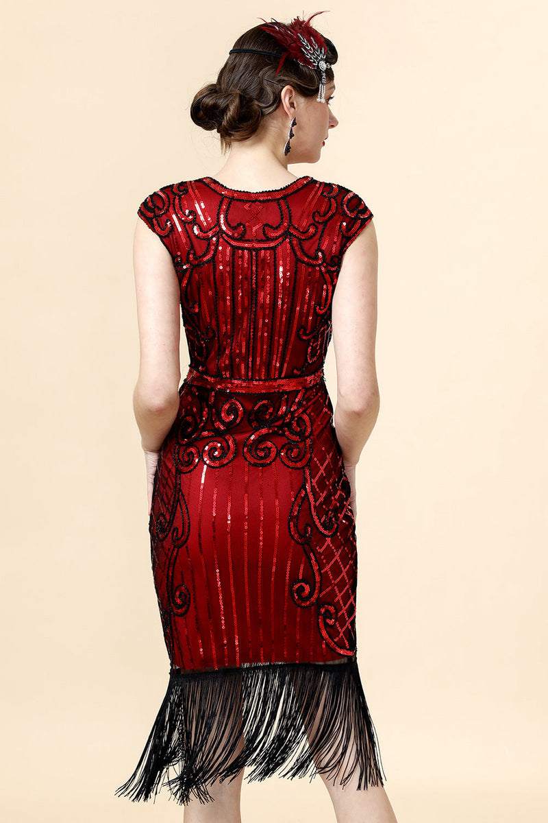 Load image into Gallery viewer, Burugndy Sequins Fringed Flapper Dress with 1920s Accessories Set