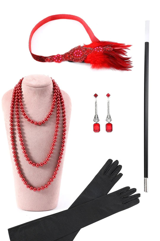 Load image into Gallery viewer, Burugndy Sequins Fringed Flapper Dress with 1920s Accessories Set