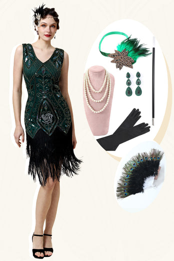 Green Fringed Gatsby Dress with 20s Accessories Set