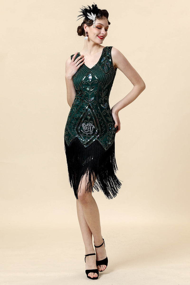 Load image into Gallery viewer, Green Fringed Gatsby Dress with 20s Accessories Set