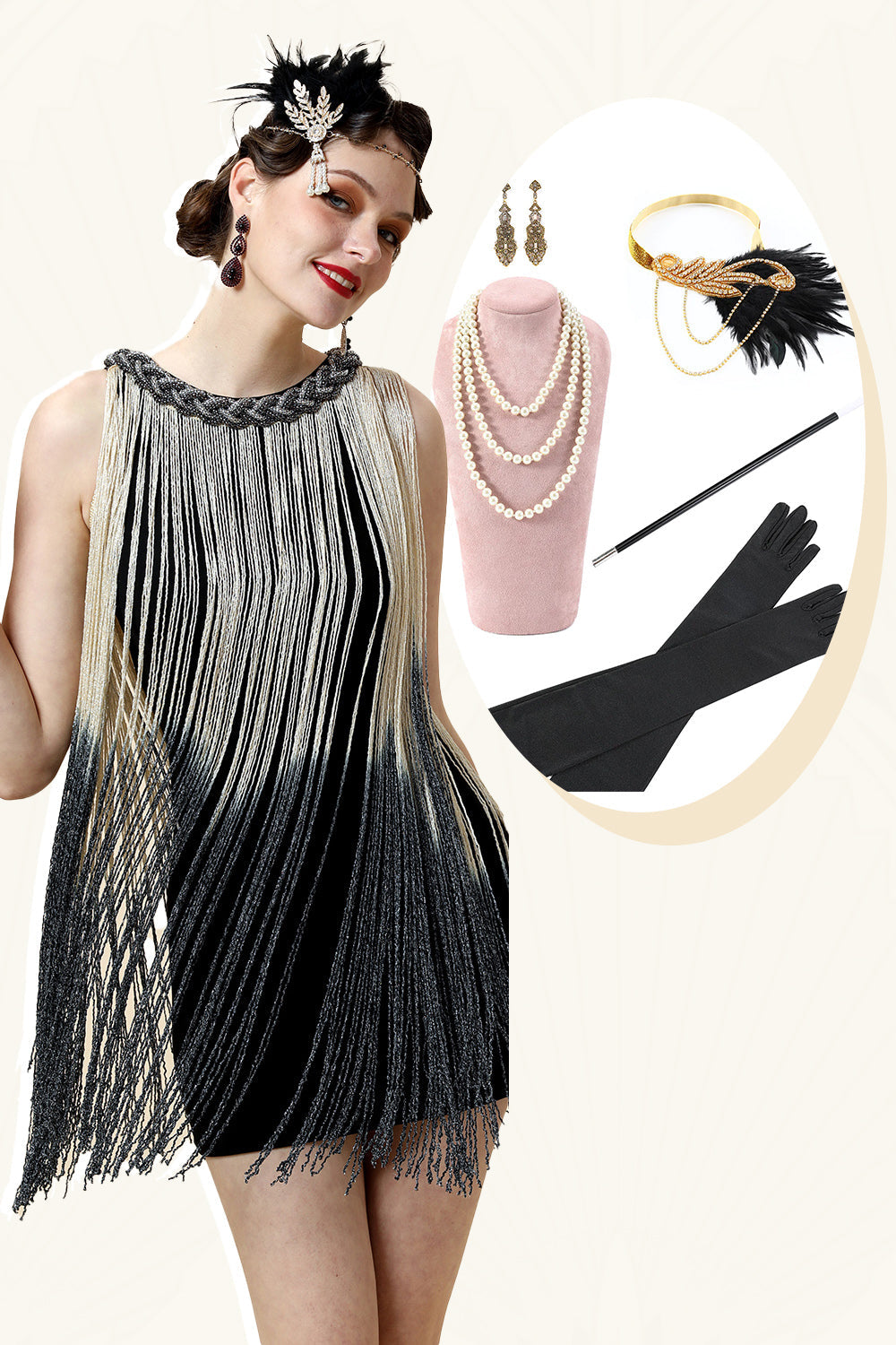Apricot Fringed Flapper Dress with 20s Accessories Set