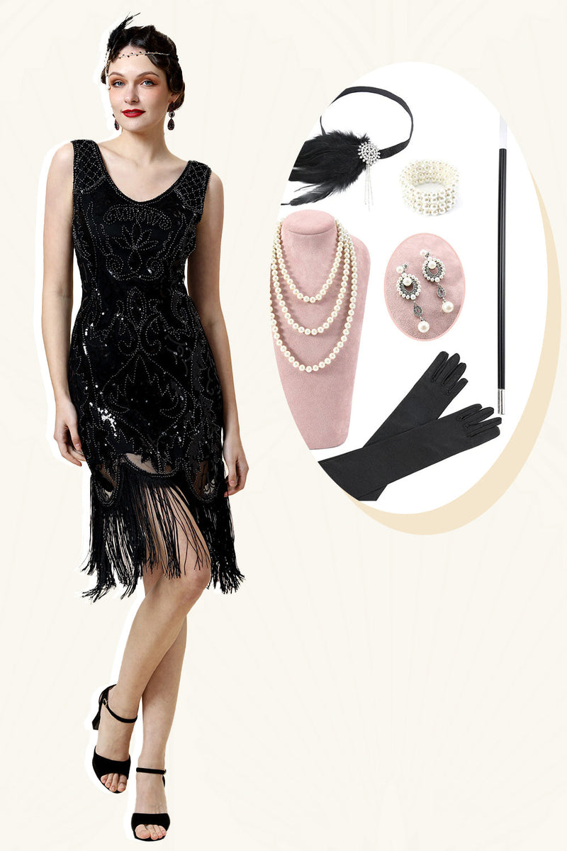 Load image into Gallery viewer, Beaded Black Fringed Flapper Dress with 20s Accessories Set