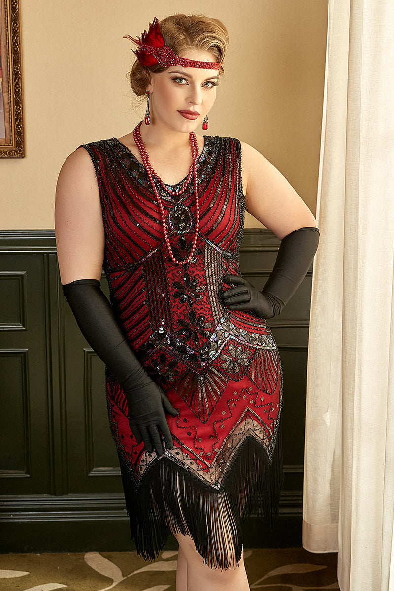 Load image into Gallery viewer, Red Plus Size 1920s Gatsby Dress with 20s Acessories Set