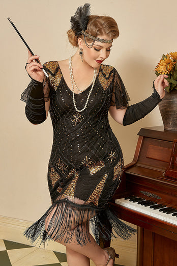 Black Golden Cap Sleeves 1920s Dress with 20s Accessories Set
