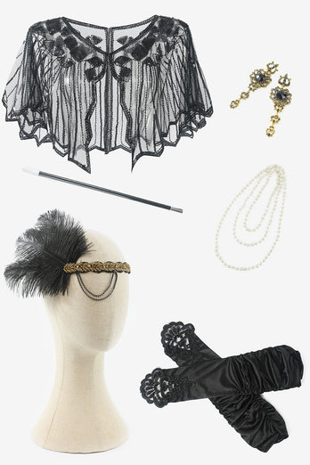 Black Golden Cap Sleeves 1920s Dress with 20s Accessories Set