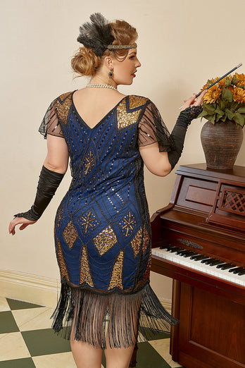 Royal Blue Plus Size 1920s Gatsby Dress with 20s Acessories Set