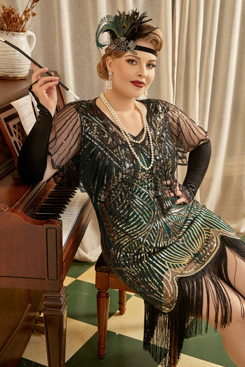 Golden and Green 1920s Plus Size Dress with 20s Accessories Set