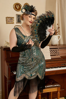 Golden and Green 1920s Plus Size Dress with 20s Accessories Set