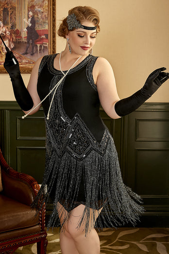 Black Fringes 1920s Plus Size Gatsby Dress with 20s Accessories Set