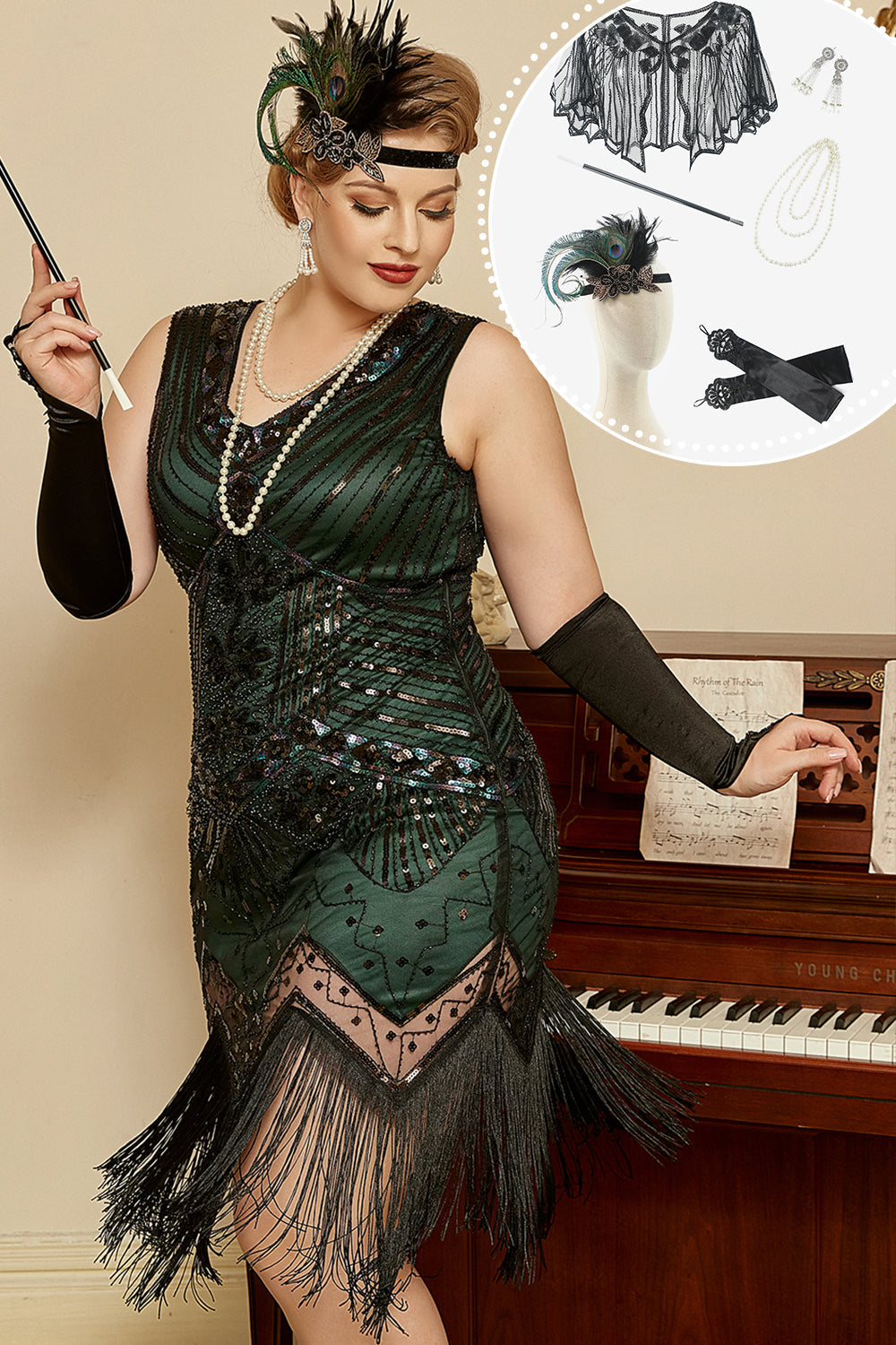Dark Green Sequined 1920s Plus Size Flapper Dress with 20s Accessories Set