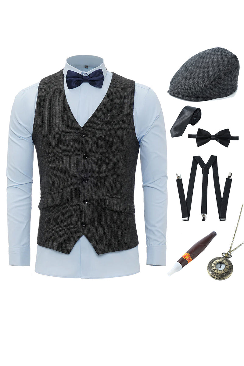 Load image into Gallery viewer, Black Shawl Lapel Men&#39;s Vest with 6 Pieces Accessories Set