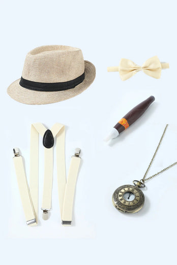 Khaki Plaid Men's Vest with 5 Pieces Accessories Set