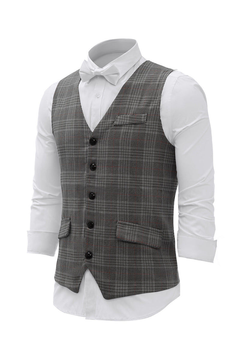 Load image into Gallery viewer, Grey Plaid Men&#39;s Vest with 5 Pieces Accessories Set