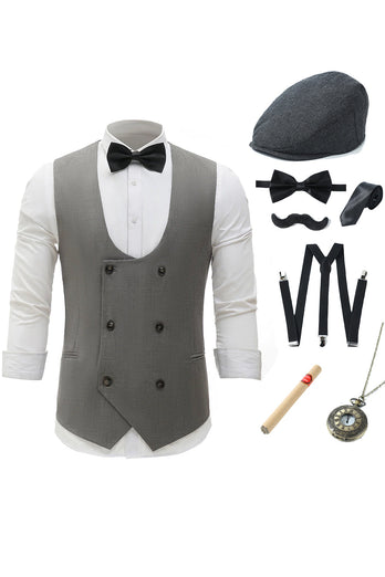 Grey Double Breasted Men's Vest with 7 Pieces Accessories Set