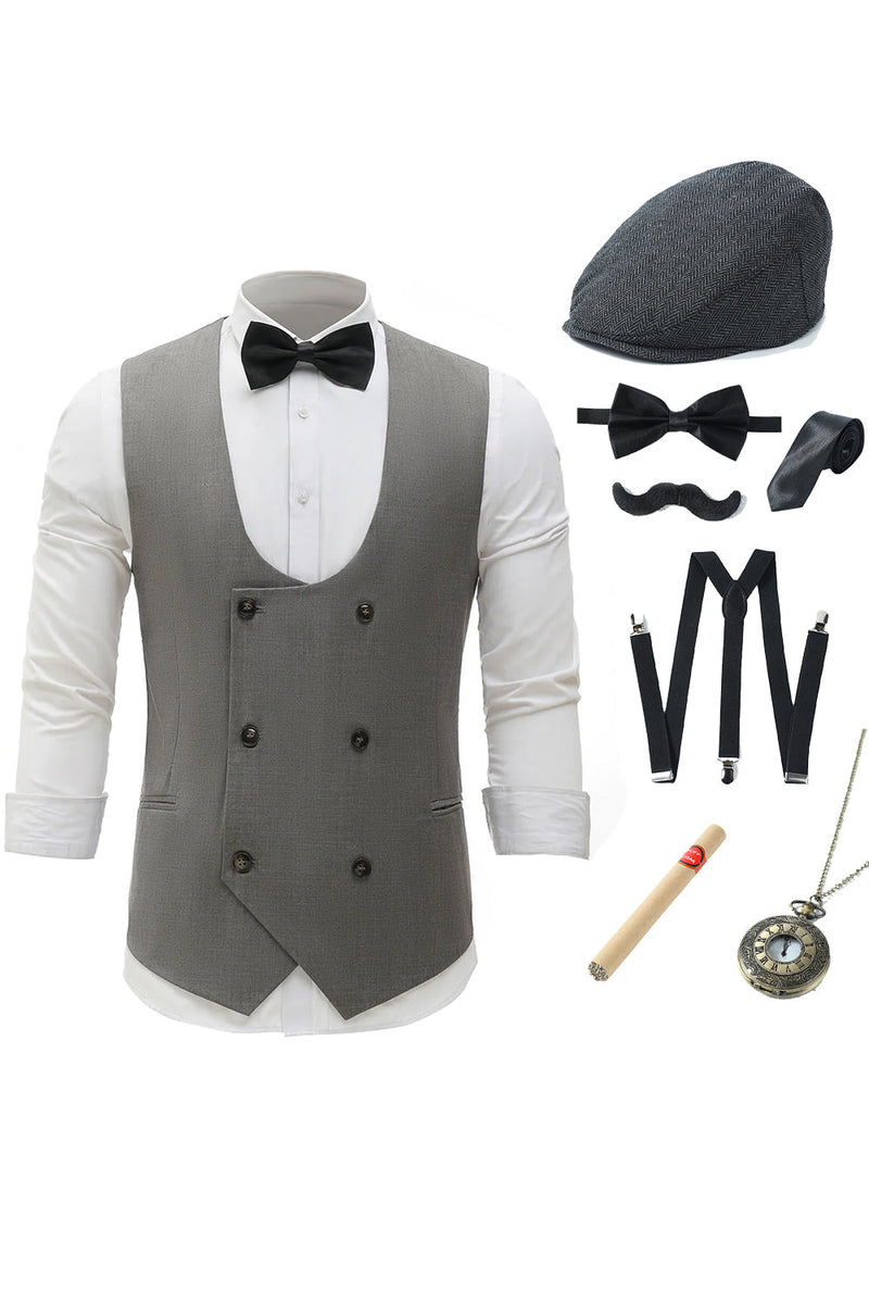 Load image into Gallery viewer, Grey Double Breasted Men&#39;s Vest with 7 Pieces Accessories Set