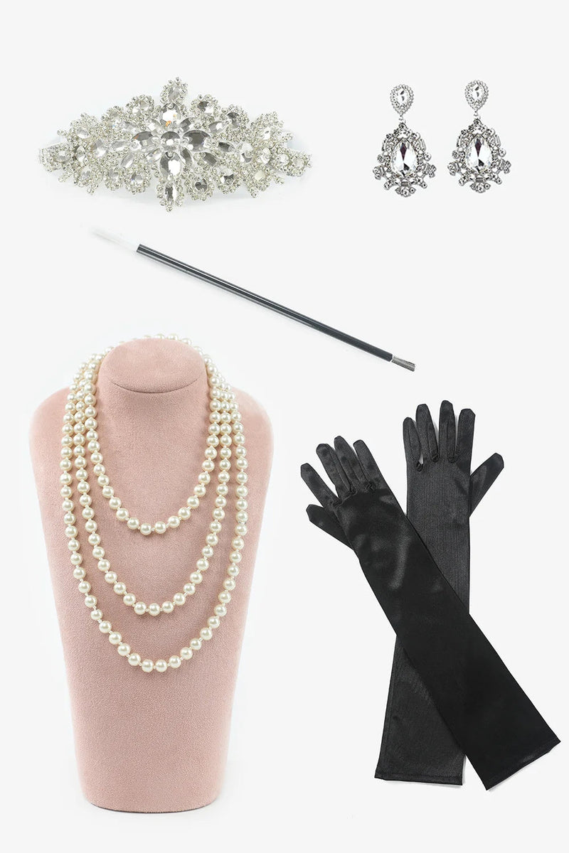 Load image into Gallery viewer, Sparkly White Sequined 1920s Flapper Dress with 20s Accessories