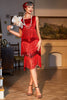 Load image into Gallery viewer, Sparkly Red Sequined Fringed 1920s Gatsby Dress with 20s Accessories