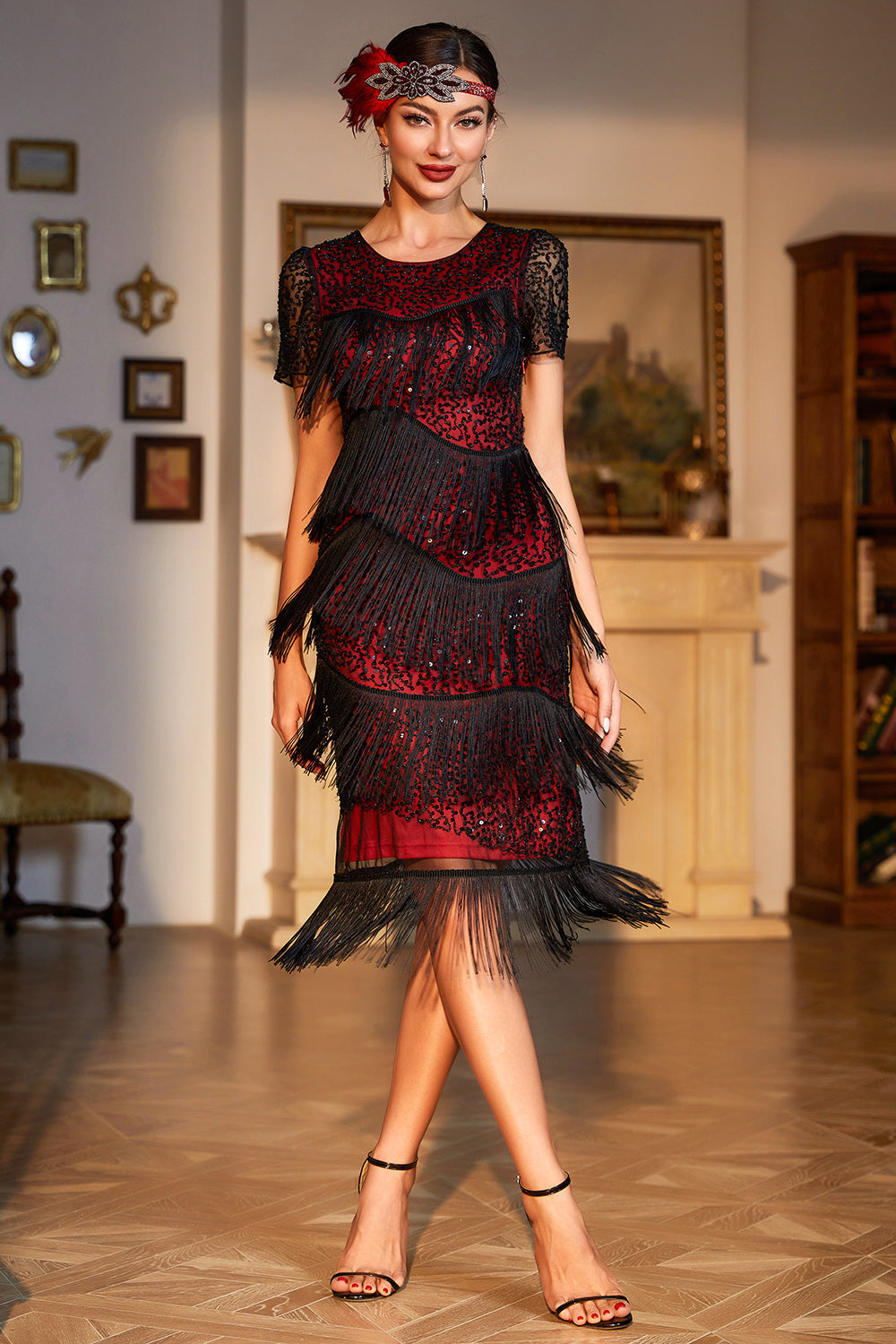 Zapaka Women Sparkly Burgundy Sequined 1920s Flapper Dress with 20s Accessories ZAPAKA UK Zapaka Women Sparkly Burgundy Sequined 1920s Flapper Dress with 20s Accessories ZAPAKA UK