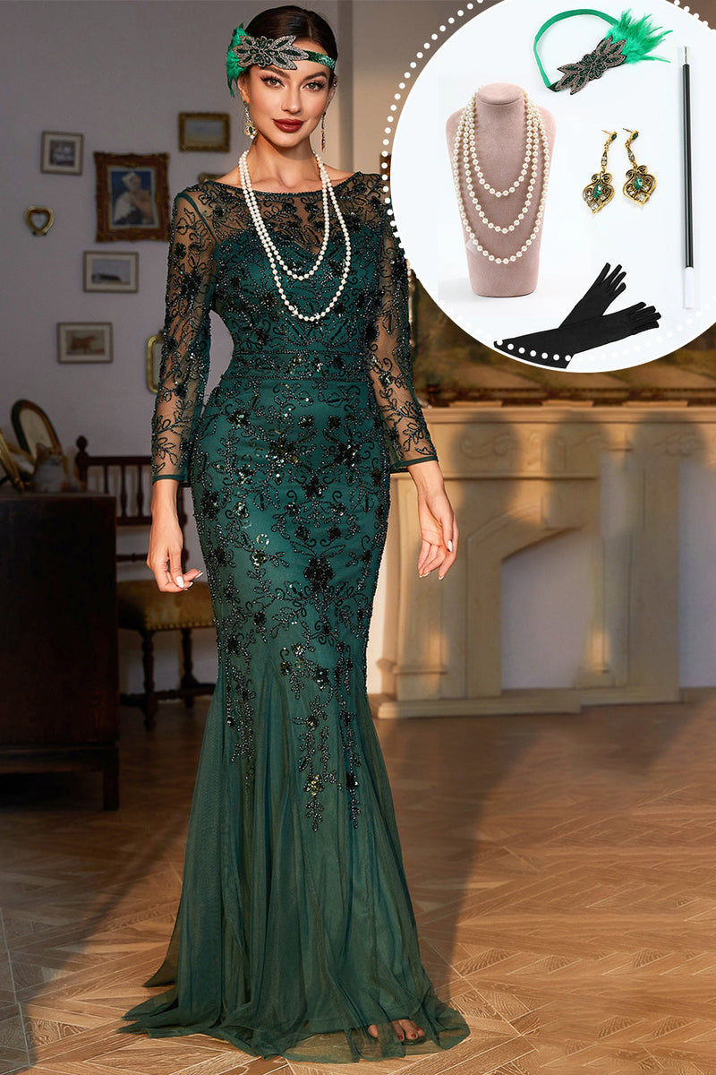 Load image into Gallery viewer, Sparkly Dark Green Sequined Long 1920s Flapper Dress with 20s Accessories