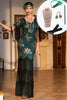 Load image into Gallery viewer, Dark Green Sequined Fringed Long 1920s Gatsby Dress with Accessories Set