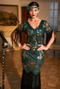 Load image into Gallery viewer, Dark Green Sequined Fringed Long 1920s Gatsby Dress with Accessories Set