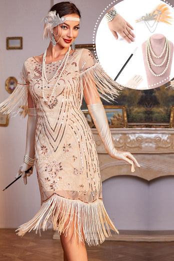 Sparkly Champagne Sequins Fringed 1920s Dress with Accessories Set