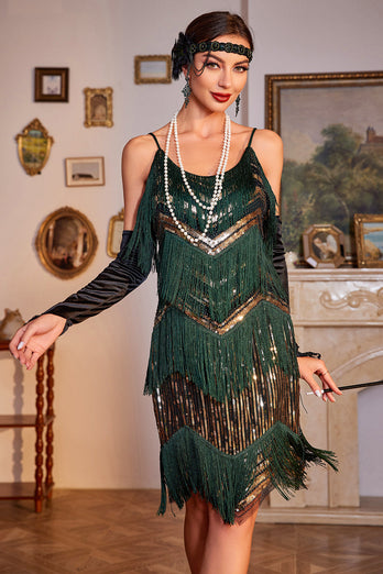 Sparkly Green and Golden Spaghetti Straps Sequins Fringed 1920s Dress with Accessories Set