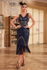 Load image into Gallery viewer, Dark Blue Midi V-Neck Fringed Sequins 1920s Dress with Accessories Set