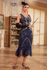 Load image into Gallery viewer, Dark Blue Midi V-Neck Fringed Sequins 1920s Dress with Accessories Set