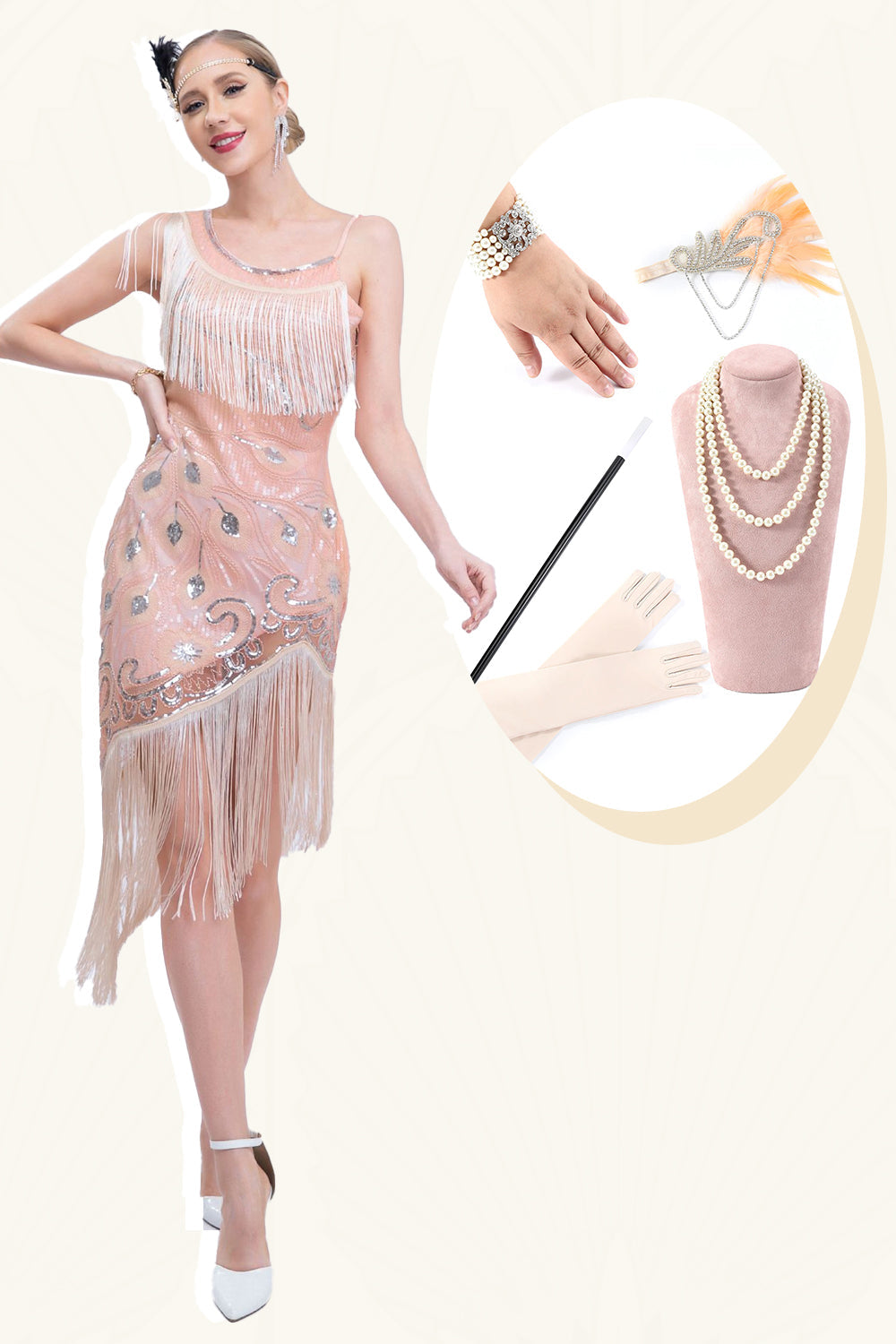 Sparkly Blush Asymmetrical Sequins Fringed 1920s Dress with Accessories Set