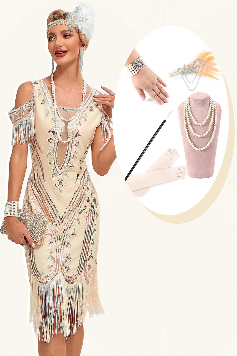 Load image into Gallery viewer, Glitter Champagne Cold Shoulder Sequins Fringes 1920s Gatsby Dress with Accessories Set