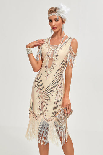 Glitter Champagne Cold Shoulder Sequins Fringes 1920s Gatsby Dress with Accessories Set