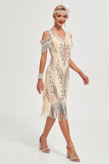 Glitter Champagne Cold Shoulder Sequins Fringes 1920s Gatsby Dress with Accessories Set