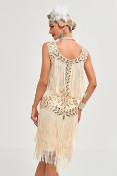 Glitter Champagne Sequins Fringed 1920s Gatsby Dress with Accessories Set